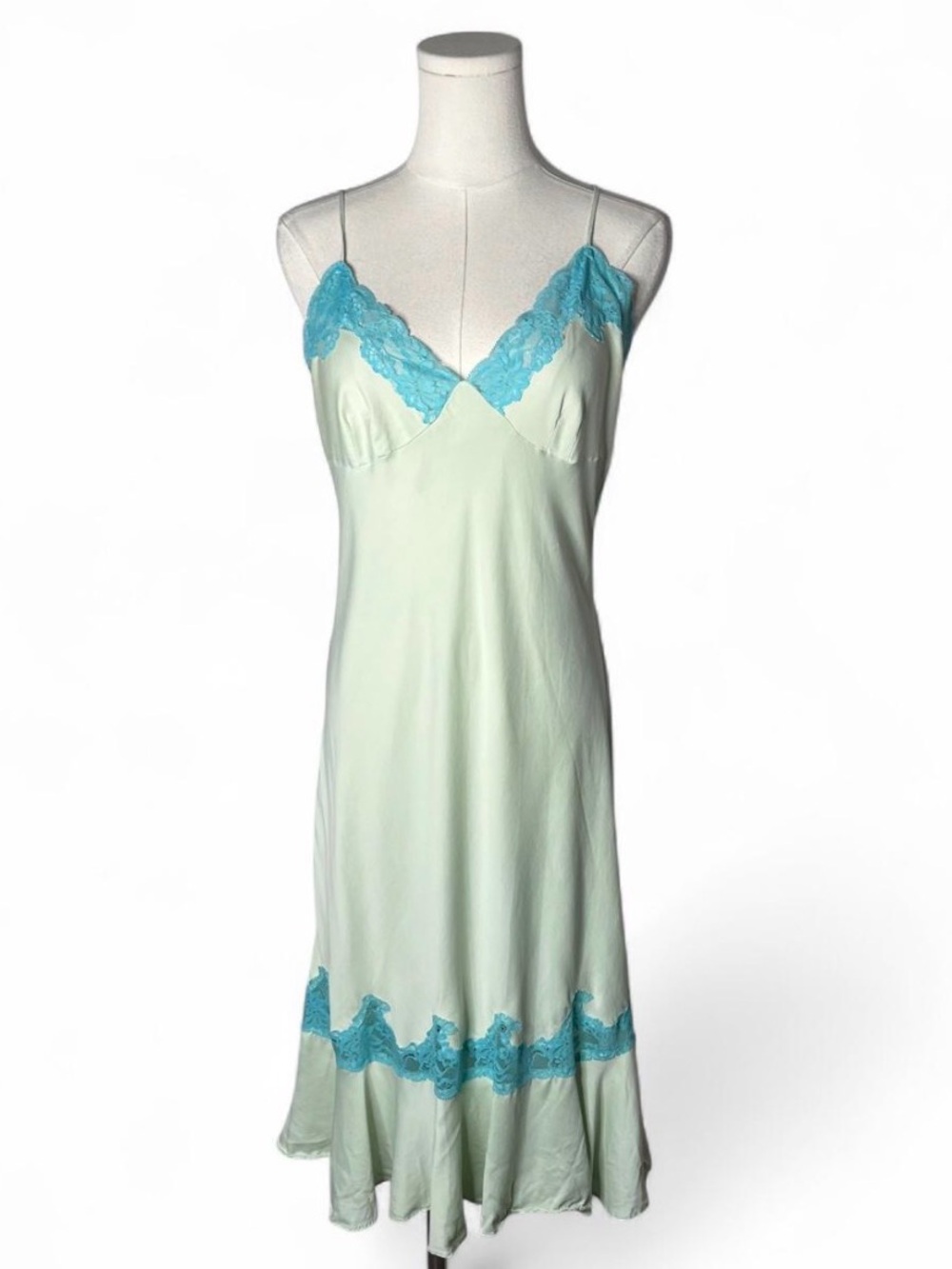 Vintage Victoria’s Secret Green Lace Trim Ruffle Hem Silk Babydoll Slip Dress